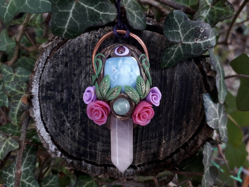 Nature wicca pendant Wiccan pendant Forest witch quartz pendant Rose quartz fantasy forest pendant Polymer clay celtic forest pendant