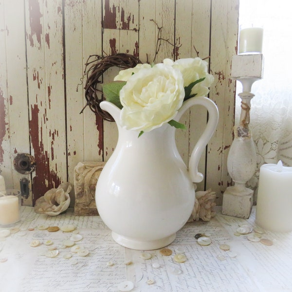 Vintage Ironstone Large Pitcher. Antique Creamy White - Farmhouse, French, Shabby Chic Cottage, Country Style Kitchen Home Decor