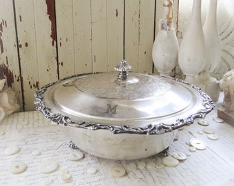 Vintage Silver Plate Footed Serving Dish, Glass Insert. Monogramed - French, Farmhouse, Country, Cottage, Paris Apartment Kitchen Decor