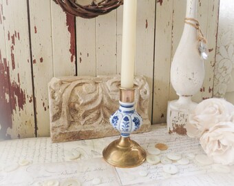 Vintage Delft Blue and Brass Candlestick Holder. Hand Painted Ceramic Aged Antique Patina. French Country, Farmhouse Cottage Primitive Decor