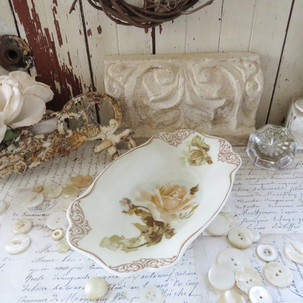 Vintage Antique Porcelain China Silesia Old Ivory Dish with Beautiful Detail. Victorian French Country, Farmhouse Cottage, Shabby Chic Decor