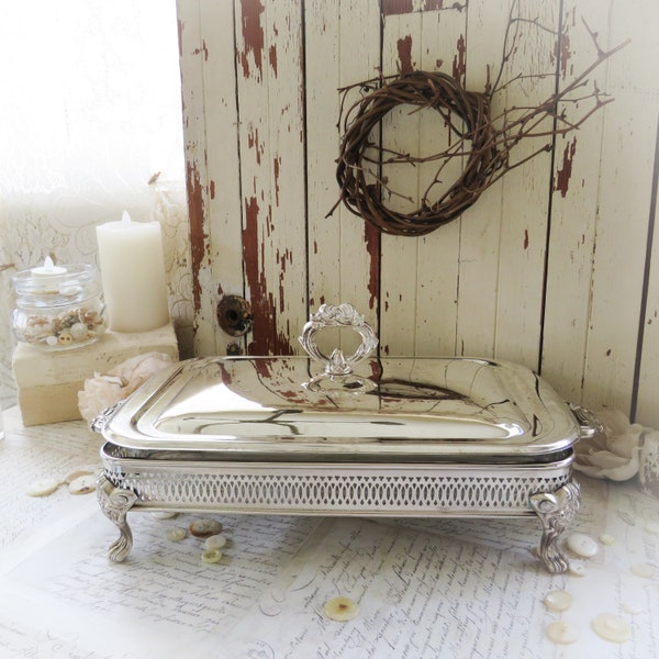 Vintage Silver Plate Serving Casserole Entrée Dish for Weddings, Catering, Buffet Dining. French, Shabby Chic Paris Apartment Style Decor