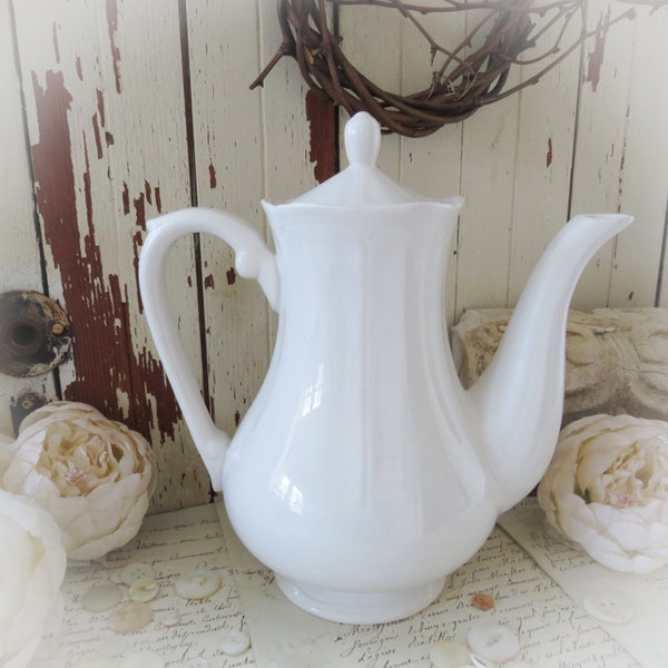 Vintage White Ironstone Pitcher Teapot Coffee Pot with Lovely Detail. French Country Farmhouse, Shabby Chic Cottage Kitchen Home Decor