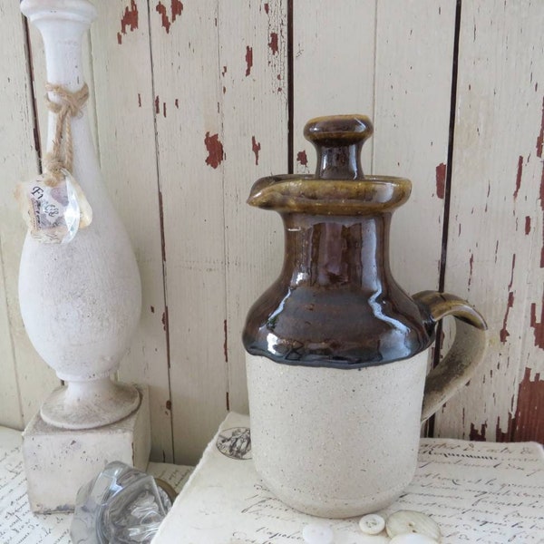 Vintage Primitive Syrup Pitcher Small Jug with Stopper Salt Glazed Stoneware Pottery French Farmhouse Primitive Country Kitchen Style Decor