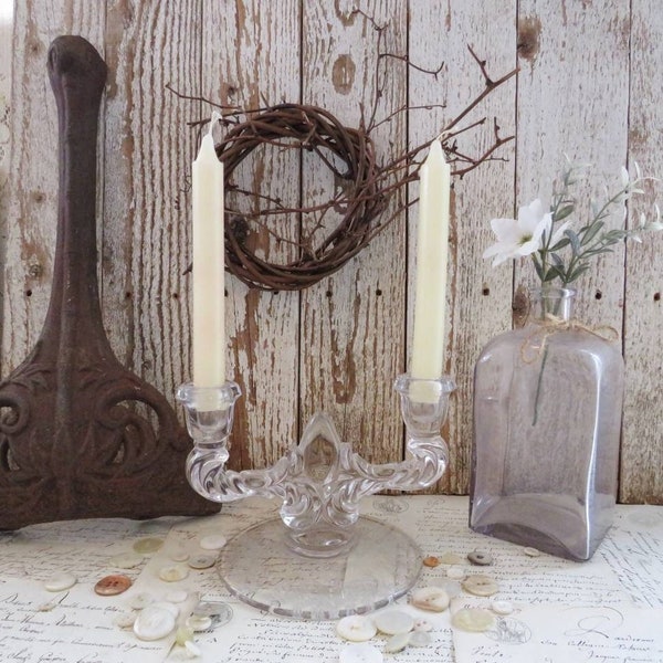 Vintage Etched Glass Candelabra Antique Candle Stick Holder. French Country, Farmhouse, Shabby Chic Cottage Home Wedding Decor