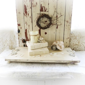 Farmhouse Riser Tray Footed Distressed Table Centerpiece with French Handles. French Country, Rustic Cottage, Shabby Chic Style Table Decor