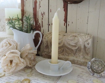 Vintage White Porcelain Ironstone Chamberstick Candle Holder. French Country Farmhouse Shabby Chic Cottage Style Home Decor