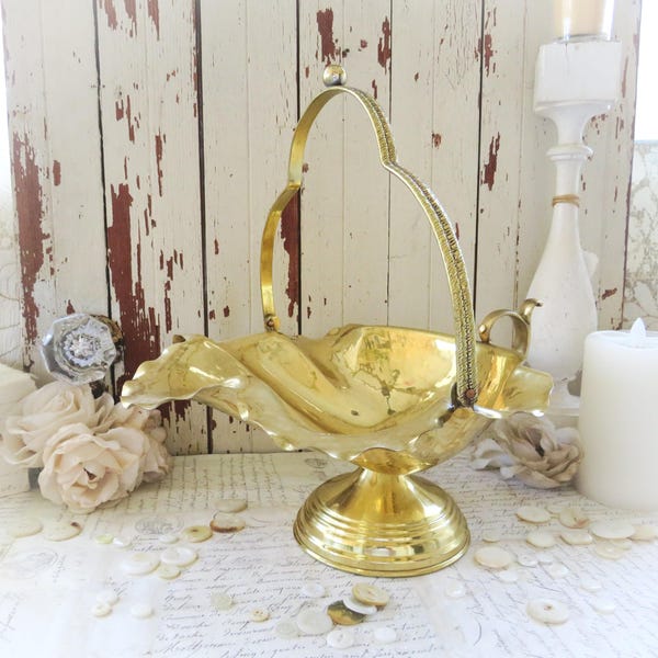 Brass Shell Basket - French Country, Farmhouse Cottage Table Centerpiece