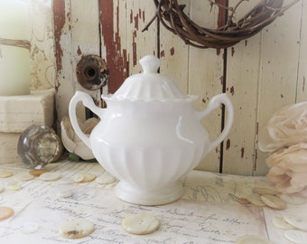 Vintage White Ironstone Sugar Bowl with Lid Classic White England - French Country, Farmhouse, Shabby Chic Cottage Style Kitchen Table Decor