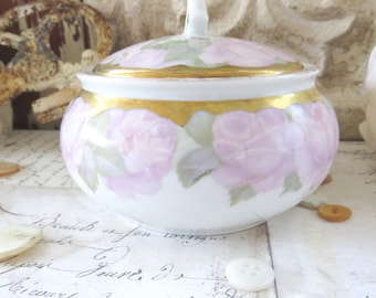 Vintage Bavarian Porcelain Trinket Box: Pink Roses, Gold Gilding
