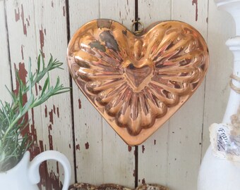 Vintage Copper Heart Cake Mold with Aged Antique Patina. Made in Portugal. French Country, Farmhouse, Shabby Chic Cottage Kitchen Decor