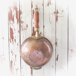 Vintage Copper Strainer Colander Ladle Brass and Wood Handles Antique Patina French Country Farmhouse Cottage Shabby Chic Kitchen Collection