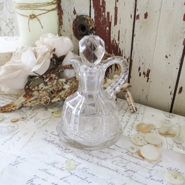 Vintage Crystal Glass Decanter Bottle, Cruet with Beveled Glass Stopper. French Farmhouse Shabby Chic Cottage Paris Style Kitchen Decor