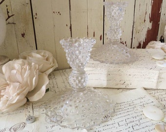 Vintage Clear Glass Hobnail Candle Holders - Pretty Antique Pair of Pressed Glass Candlestick Holders French Country Farmhouse Cottage Decor