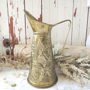 Brass Pitcher with Antique Pressed Primitive Tavern Scene. Country, Farmhouse Cottage, Rustic Primitive Style Home Decor