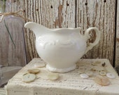 Vintage Ironstone Creamer Lovely Embossed Scroll Design Creamy White Handmade Pottery French Country Farmhouse Shabby Chic Cottage Decor