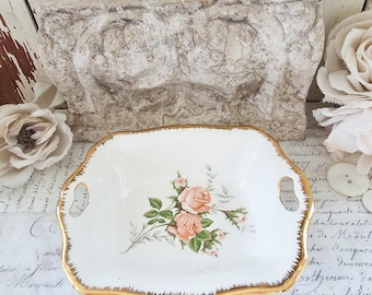Vintage Hand-Painted Peach Rose Dish: Shabby Chic Cottage Decor