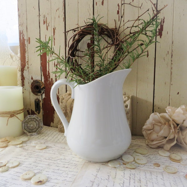 Vintage White Ironstone Pitcher Milk Cream Jug - Farmhouse, French, Country, Shabby Chic, Cottage, Rustic Primitive Style Kitchen Home Decor