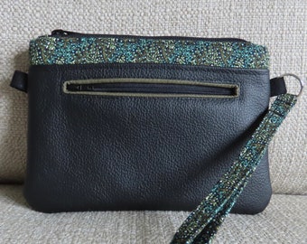 Black Leather Clutch with Fabric Accents