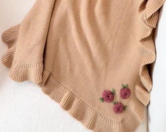 Hand-Embroidered Knit Baby Blanket: Cotton Floral Ruffle Edge