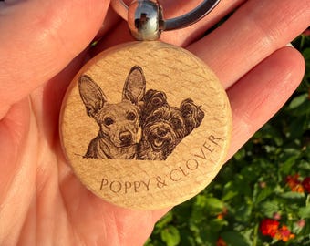 Custom Pet Portrait Keychain • Laser Engraved Wood Pet Memorial Keepsake