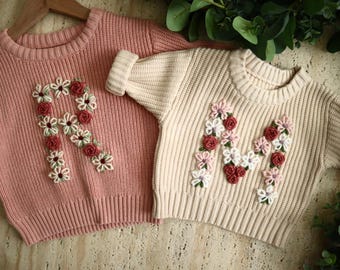 Personalized Floral Letter Knit Sweater: Hand Embroidered Baby Gift