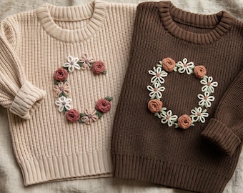 Personalized Floral Letter Knit Sweater: Hand Embroidered Baby Gift, Keepsake, Milestone