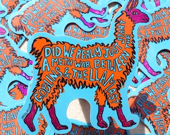 Goblins vs Llamas Vinyl Sticker - LitRPG Fantasy Quote Decal - Colorful Funny Sparkly Glitter Die-Cut Llama Sticker