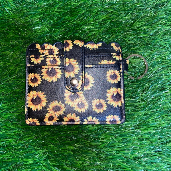 Sunflower Print Slim Front Pocket Wallet ID Card Holder Cute with Keychian holder for Women