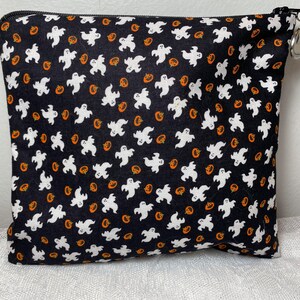 Ghost and Pumpkin Zipper Pouch: Handcrafted Cotton Cosmetic Bag