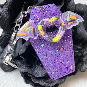 Spooky Handmade Resin Coffin and Bat Keychain, Pastel Goth, Halloween & Gothic Accessories, Handcrafted with Custom Glitter