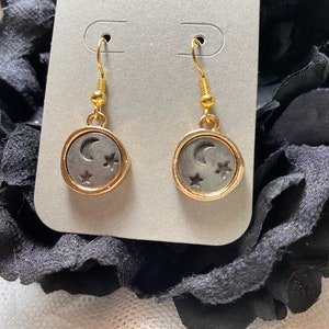 Handcrafted Moon and Star Dangle Charm Earrings, Celestial Inspired, Mystical and Witch Vibes, Handmade Women’s Jewelry, Hypoallergenic