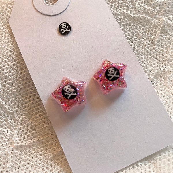 Handcrafted Resin Pastel Goth Pink Glitter Star Post Earrings with Skull and Crossbone Charms Pirate