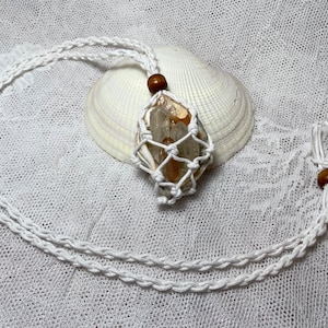 Handcrafted Oyster Shell and Quartz Japanese Fishing Float Style Pendant Necklace, Braided Macrame Chain, Nautical & Summer Jewelry, 16&quot;