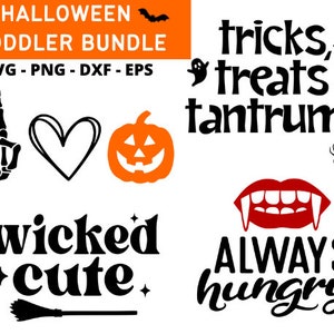 Puede incluir: Paquete de archivos de corte SVG para Halloween para niños pequeños. Los diseños incluyen una mano de esqueleto haciendo un signo de paz, un corazón, una calabaza, una escoba de bruja, el texto "wicked cute", una boca de vampiro y el texto "tricks, treats & tantrums" y "always hungry".