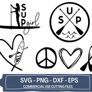 May include: Black and white vector graphics of a paddleboarder, a peace sign, a heart, a paddleboard, and a logo with the letters "SUP" and crossed paddles. The text "SUPgirl" is written next to the paddleboarder. The text "SVG - PNG - DXF - EPS" and "COMMERCIAL USE CUTTING FILES" is written below the graphics.