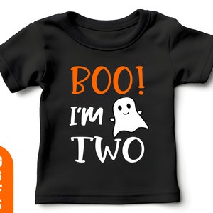 May include: Black t-shirt with an orange "BOO! I'M TWO" graphic and a white ghost illustration.