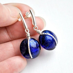 Venetian Murano Glass Tanzanite Blue Earrings, Sterling Silver