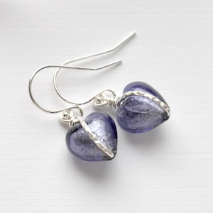 Purple Murano Glass Heart Earrings, 10mm Heart earrings, Sterling Silver