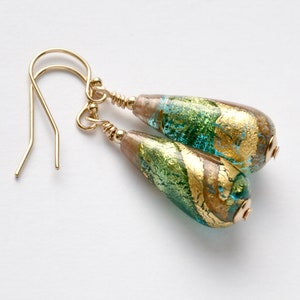 Murano Glass Aqua, Green, Aventurine & Gold foil Swirl Earrings, Gold filled or Silver