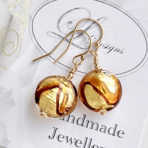 Venetian Murano Glass Gold, Amber & Topaz Earrings, Gold filled