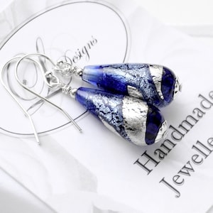 Murano Glass Royal Blue & White Gold foil Swirl Earrings, Sterling Silver