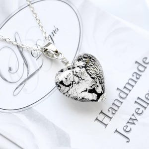 Murano Glass Black & White Gold Foil 14mm Heart Necklace, Sterling Silver