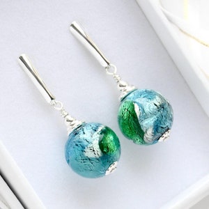 Murano Glass Aqua, Blue, Emerald & White Gold foil &#39;Laguna Blu&#39; Earrings, Sterling Silver