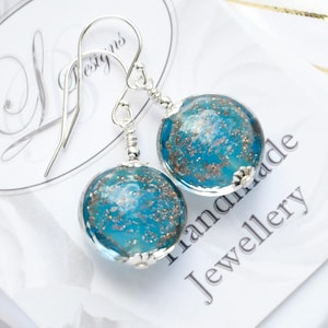 Turquoise Blue Murano Glass Earrings with sparkling Aventurina, Sterling Silver