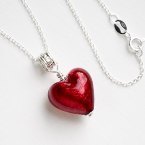 Murano Glass 14mm Ruby Red Heart Necklace, Sterling Silver