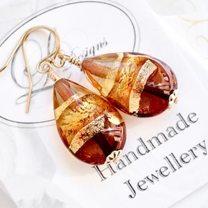 Venetian Murano Glass Dark Topaz & Gold Teardrop Earrings