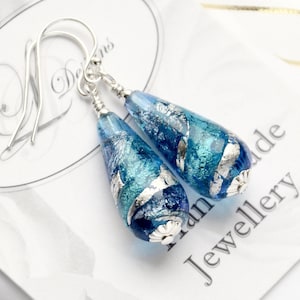 Venetian Murano Glass Aquamarine, Sapphire & White Gold foil Swirl Earrings, Sterling Silver