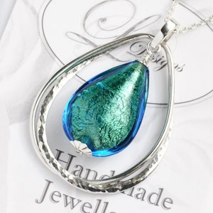 Venetian Murano Glass Aqua-Blue Gold Foil Entwined Teardrop Pendant, Sterling Silver