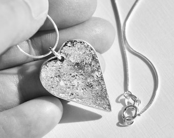 Silver 'Luna' Heart Necklace, Elongated Heart highly polished sparkle texture